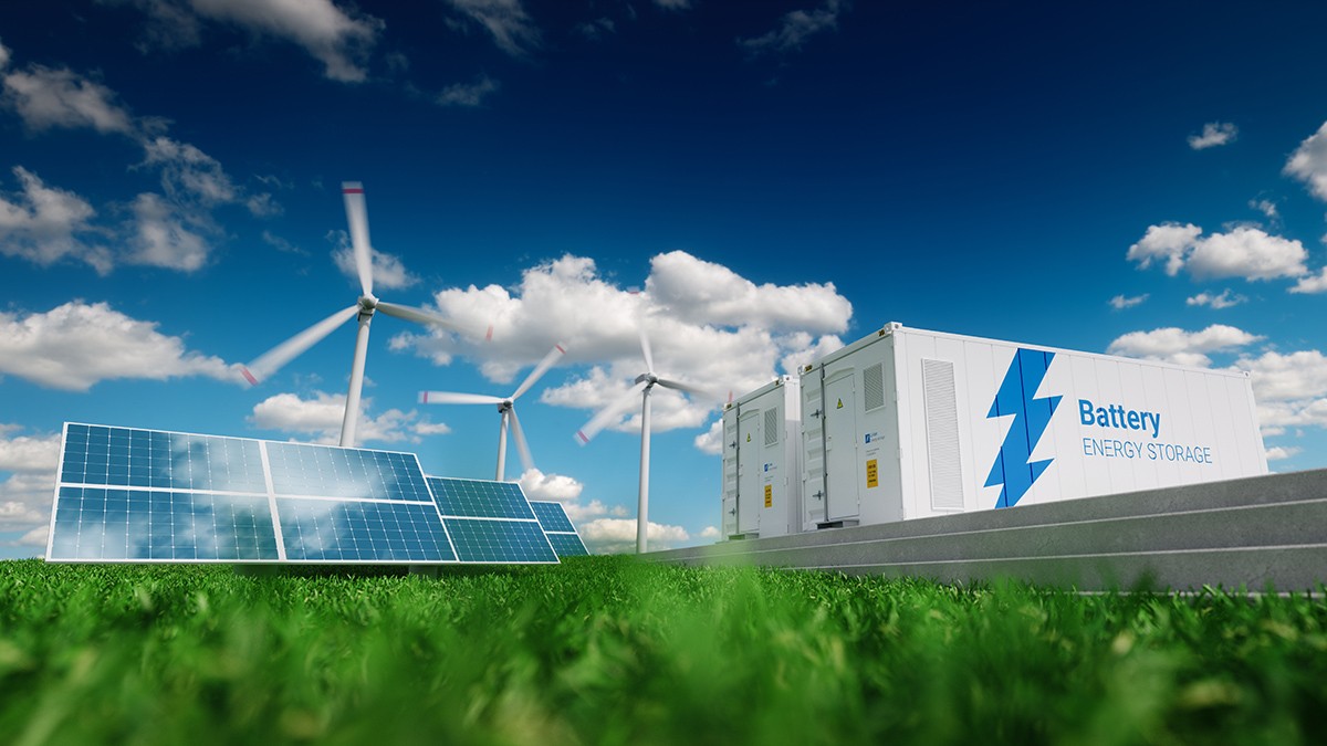 Conceptul de sistem de stocare a energiei. Energie regenerabilă - fotovoltaice, turbine eoliene și container baterie Li-ion în natură