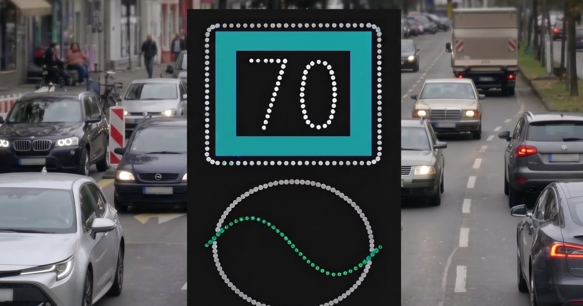 Un indicator pe care scrie 70. Dedesubt este o undă verde într-un cerc alb, iar în fundal sunt mașini în trafic