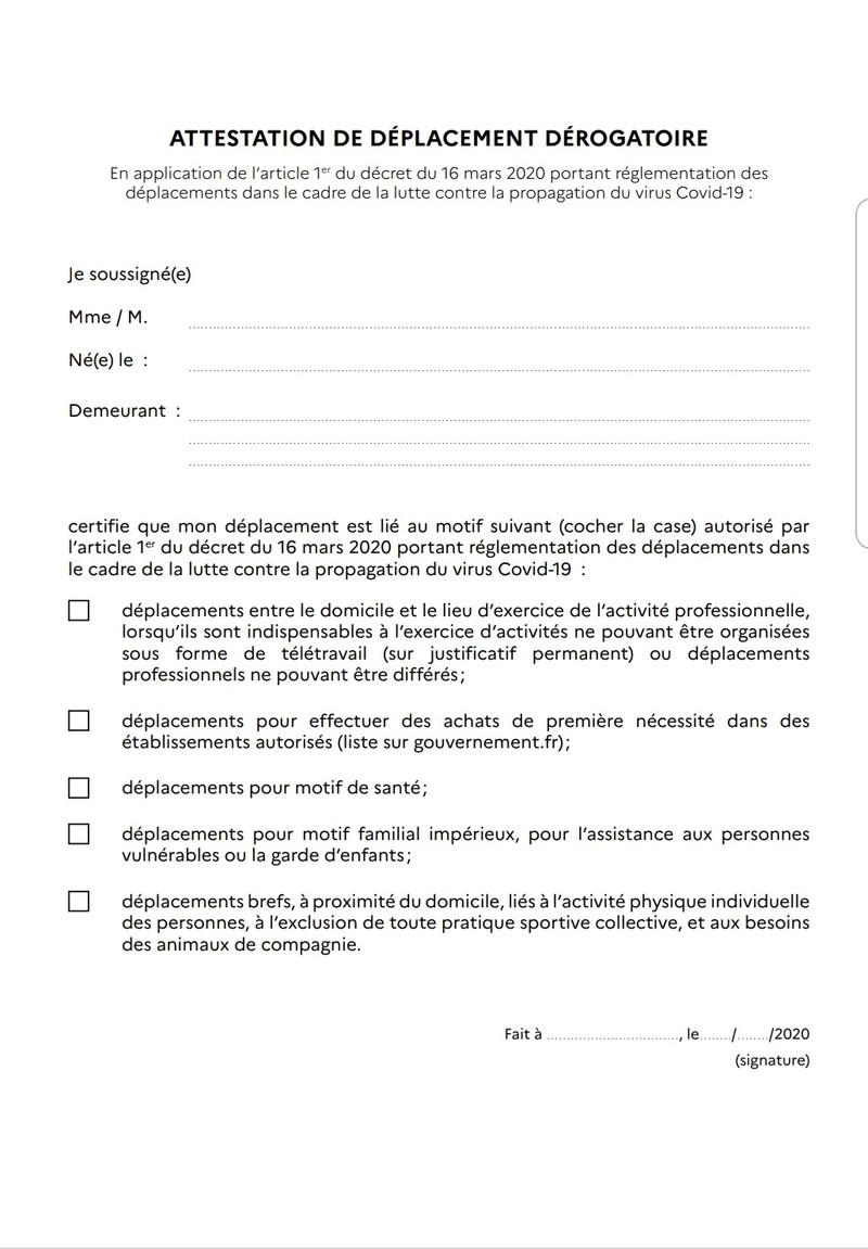 Declarația pe care francezii trebuie să o completeze înainte să iasă din case