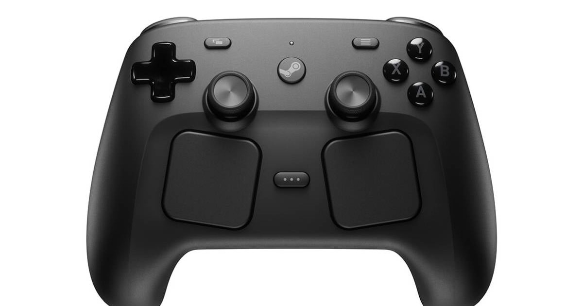 Un controller de jocuri pentru PC Valve Steam Controller negru, pe fundal alb.