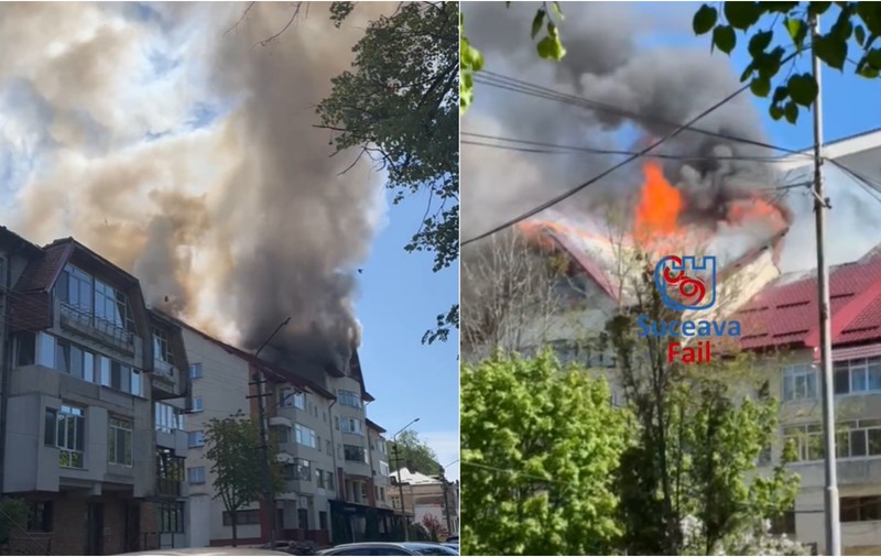 Incendiu puternic la acoperișul unui bloc din Rădăuţi. Pompierii evacuează locatarii