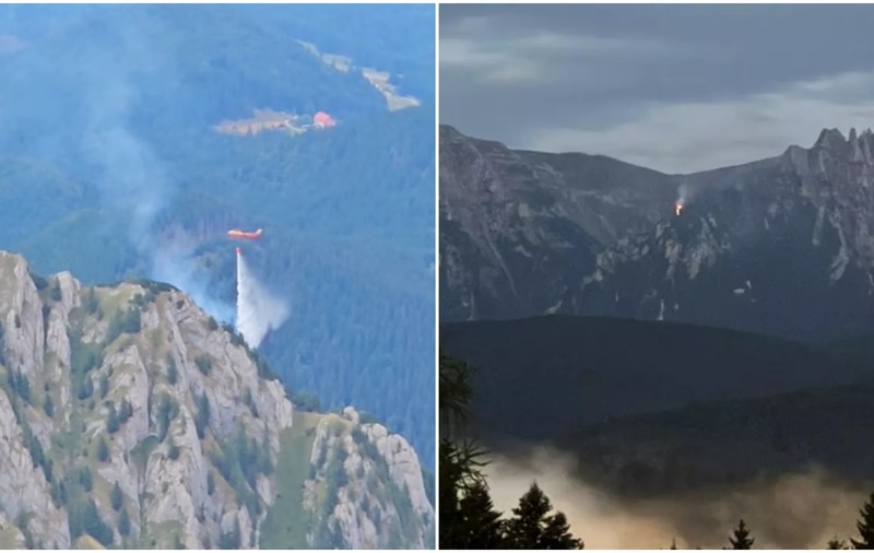 Incendiul din Masivul Bucegi, izbucnit duminica trecută de la un fulger, nu a fost stins. Elicopterul reia operațiunile