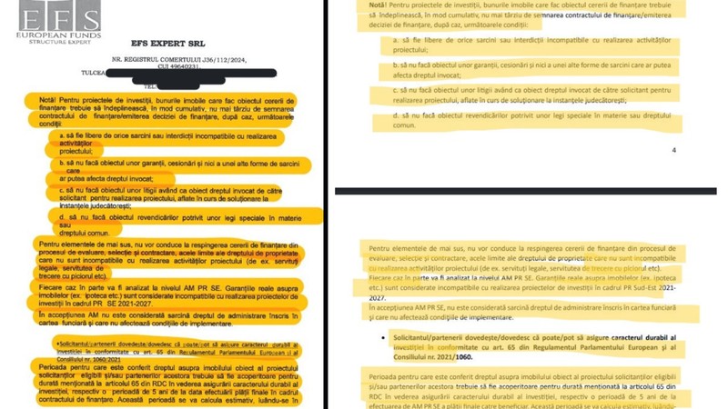 colaj cu raportul emis de Efs Expert SRL (stânga) și documentul public al Comitetului de Monitorizare al Programului Sud-Est (dreapta)