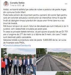 Captură de pe pagina de Facebook a președintelui CJ, din 7 mai
