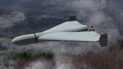 Russian military combat drone Shaheed flies over a forest, smoke from military action in Ukraine.