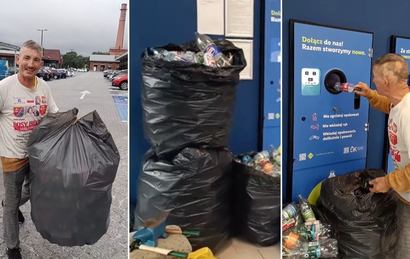 Imaginea prezintă în trei cadre un bărbat care transportă saci mari plini cu sticle de plastic și le introduce individual într-un aparat automat de reciclare.