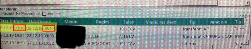 Într-un alt caz, un pacient a fost transferat pe 28 decembrie la ora 9:30, tot cu 10 minute înainte de deces