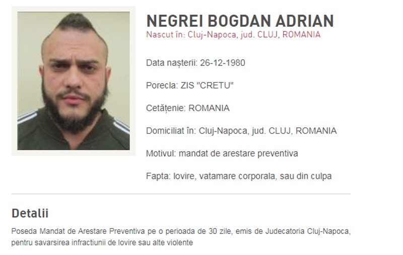 Interlopul clujean „Crețu”, zis și „Spaima Ardealului”, dat în urmărire. Bogdan Negrei a mai făcut închisoare, după ce a incendiat o femeie ce refuzase să-i plătească taxă de protecție