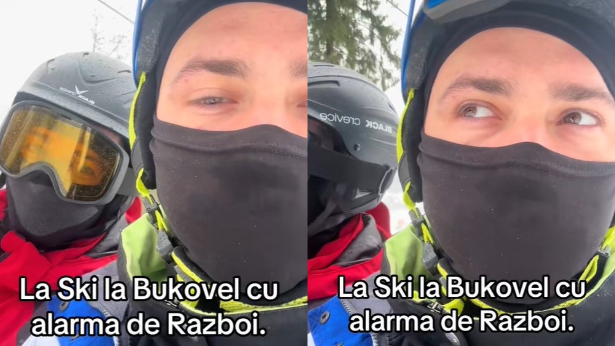 Un colaj format din două fotografii în care apar doi români în telescaun, în echipament pentru schi, cu ochelari de protecție, cască și cagulă pentru sport