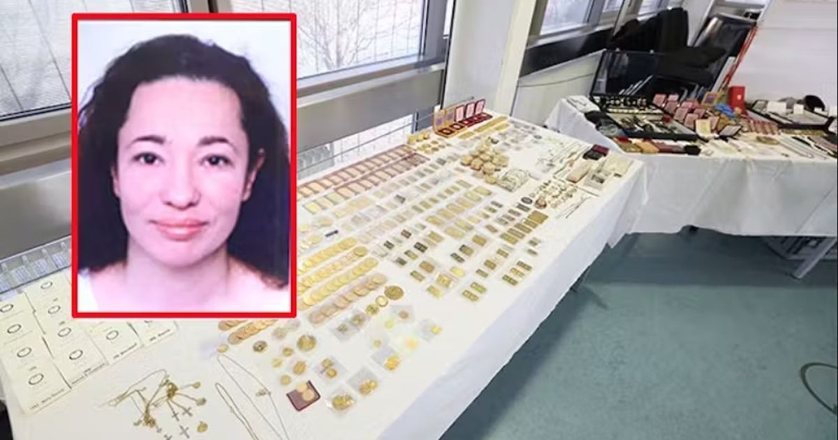 Ghicitoarea Mariana și două mese din sediul Poliției Austria pline cu bijuteriile și lingouri din casa femeii, confiscate la percheziții