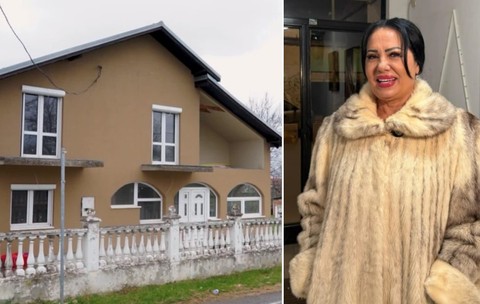 Colaj format din două cadre: în stânga o casă cu două niveluri, finisată în nuanțe de maro și prevăzută cu gard alb, iar în dreapta o femeie cu părul brunet îmbrăcată într-o haină de blană.