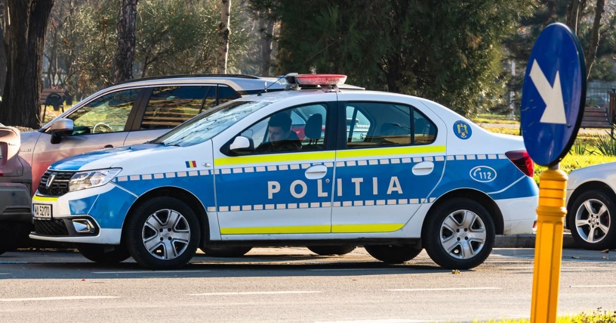 O mașină de poliție din România, un autoturism marca Dacia Logan, parcat pe marginea unei străzi. Autovehiculul este colorat în alb și albastru, cu inscripția „POLIȚIA” pe portiere și elemente reflectorizante. În interior se vede un polițist, iar în fundal apar alte mașini și o zonă cu copaci, sugerând că scena se află într-un parc sau într-o zonă urbană liniștită.