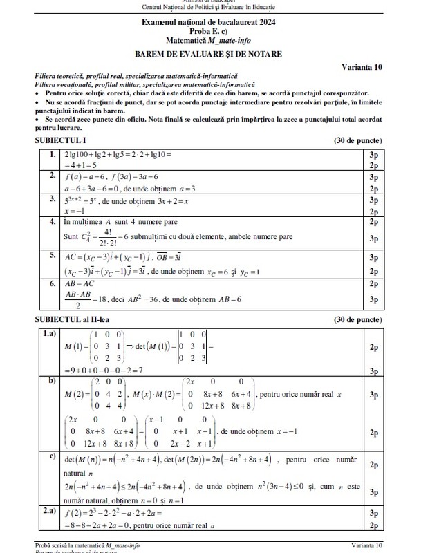 Baremul de corectare la matematică pentru Bacalaureat 2024, publicat pe EDU.ro