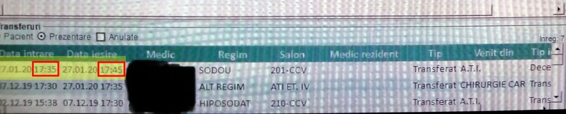 Fișa unui pacient care arată cum a fost transferat virtual de la ATI în altă secție la 17:35 și a murit după 10 minute, la 17:45