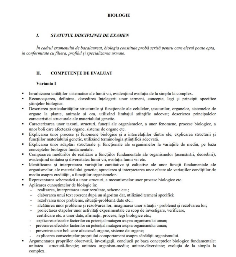 Programă Biologie și Anatomie Bac 2022