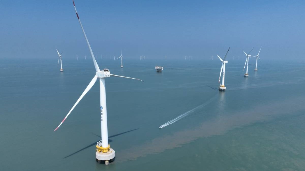 O fotografie aeriană realizată cu o dronă pe 8 august 2024 arată parcul eolian pilot Xinghua Bay, unde sunt instalate câteva turbine eoliene offshore produse independent în Parcul Industrial Internațional de Energie Eoliană Offshore Three Gorges din Fujian, în orașul Fuqing, provincia Fujian din sud-estul Chinei.