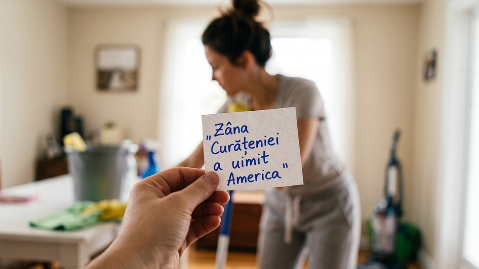 O femeie curăță o casă iar pe un bilețel scrie  „Zâna Curățeniei a uimit America” 