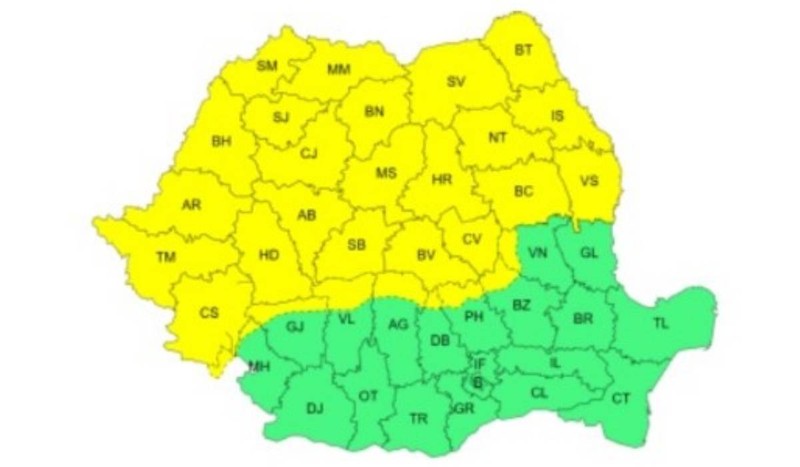 Harta județelor aflate sub cod galben de ploi, furtuni și vijelii până marți, 20 mai. Foto: Administrația Națională de Meteorologie