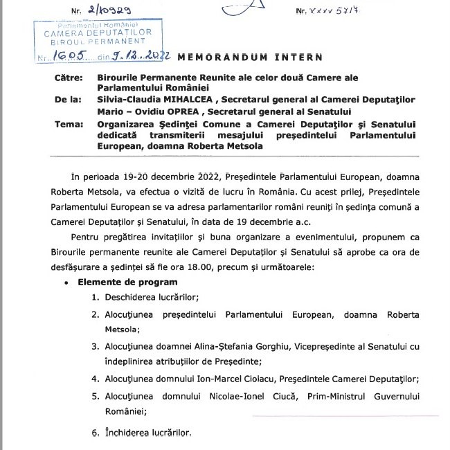 Memorandumul intern prin care se anunță vizita Robertei Metsola în România