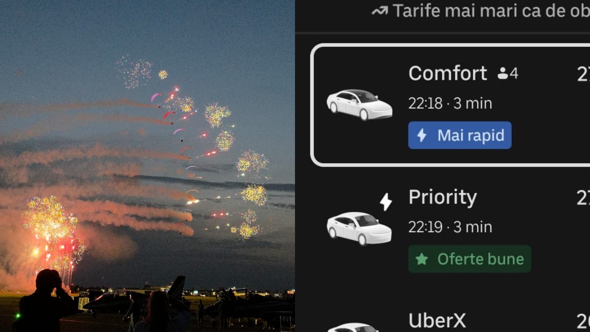 Un colaj cu două fotografii, în imaginea din stânga este un show aviatic, iar în imaginea din dreapta apare o captură de ecran cu tarifele prezentate într-o aplicație de ride sharing