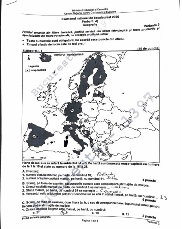 Subiectele şi baremele de corectare la Geografie la Bac 2026 au fost publicate