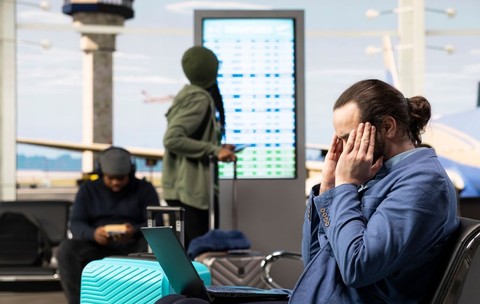 Un bărbat cu părul strâns într-un coc stă într-un terminal aglomerat al aeroportului, părând stresat sau obosit, cu capul sprijinit în mâini  