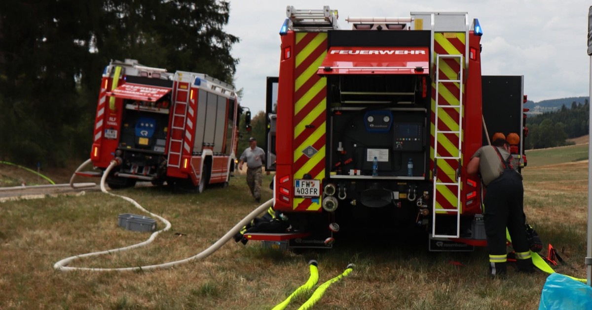 Zeci de mașini de pompieri, la marginea unui câmp din Austria, fiecare are furtunul conectat, iar pompierii acționează pentru stingerea incendiilor.