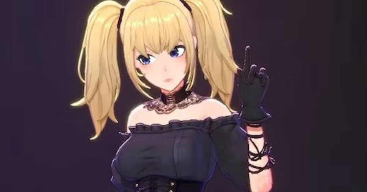 Modelul Ai Ani care ilustrează o tânără de 22 de ani, blonda, cu doua codite, in rochie neagra pe umeri, dantela la gat, manusi si degetul aratator de la mana stanga ridicat pe fundal negru