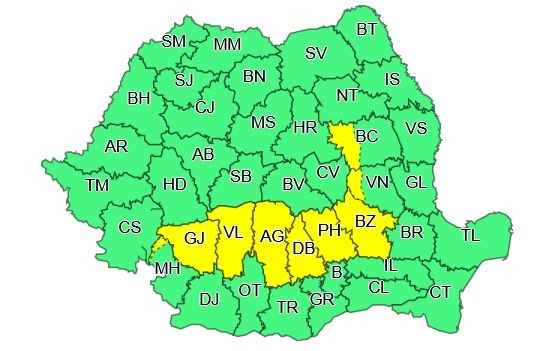 Județele aflate sub cod galben de furtuni