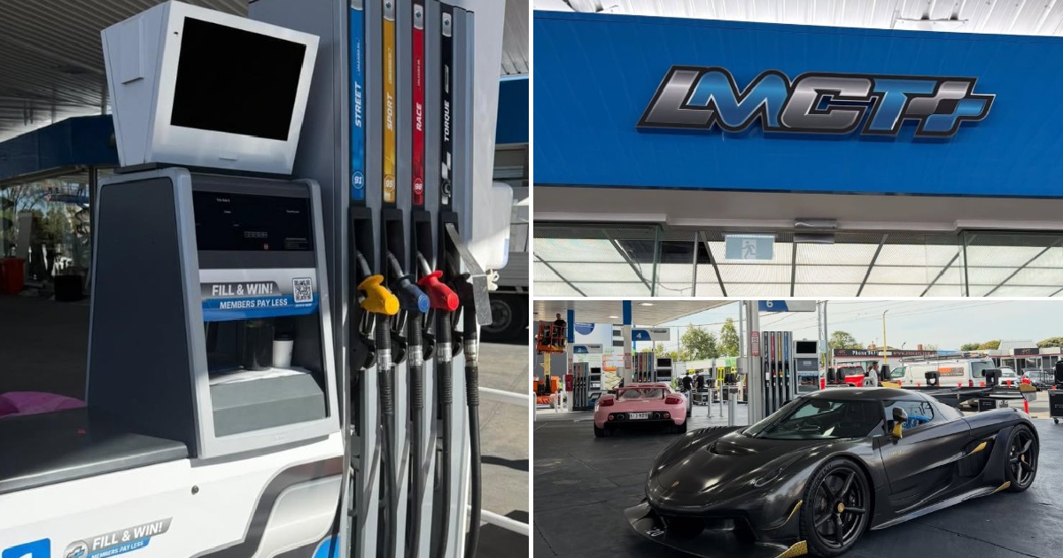 Acest colaj de imagini prezintă o stație de alimentare personalizată cu brandul LMCT+, evidențiind pompe de combustibil cu diverse sortimente și mașini sport de lux, precum un supercar de culoare închisă și un altul roz în zona de alimentare.