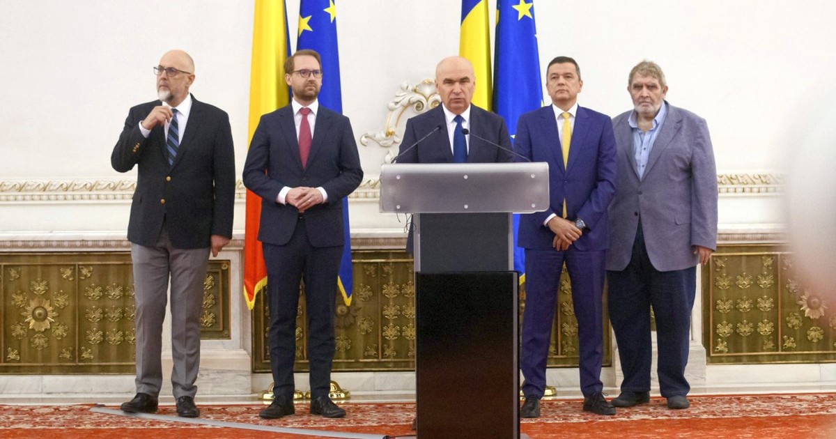 Președinții partidelor de coaliție: Kelemen Hunor (UDMR), Dominic Fritz (USR), Ilie Bolojan (PNL), Sorin Grindeanu (PSD) si Varujan Pambuccian