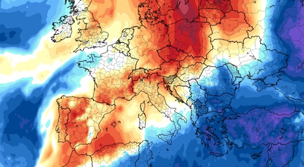 O hartă meteorologică a Europei ce indică variațiile de temperatură, evidențiind zone cu valori mai ridicate marcate cu roșu în Europa Centrală și de Vest și zone cu aer mai rece colorate în albastru în sud-estul continentului.   