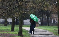 O femeie care are o umbrelă verde pe scrie OK merge pe o alee din parc, într-o zi cu ploaie, iar în jurul ei sunt copaci și iarbă pe jos, București, 3 aprilie 2026