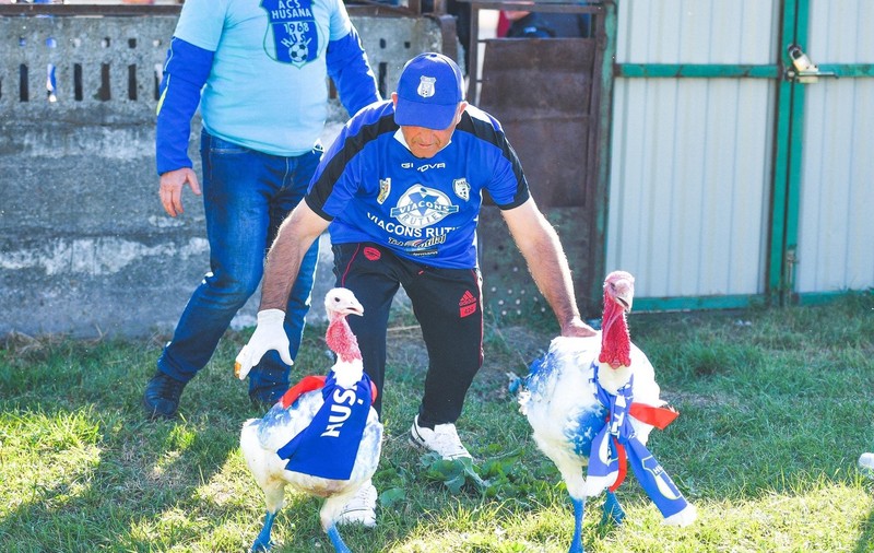 Doi curcani, mascotele echipei de fotbal Hușana Huși: „Îi cheamă ca pe fundașii noștri centrali”