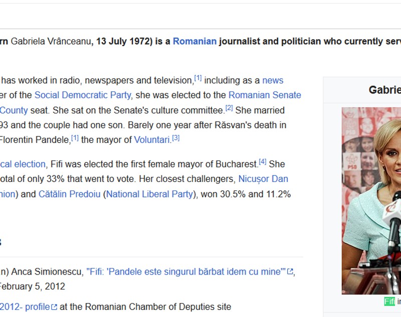 Gabriela Firea a apărut cu porecla "Fifi", pe pagina de Wikipedia în limba engleză (FOTO)