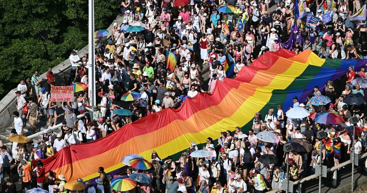 o privire de la înălțime asupra unei aglomerări de oameni care se deplasează pe un drum mărginit de copaci pe o parte, prin centrul mulțimii fiind purtată orizontal, deasupra capetelor, o pânză uriașă și foarte lungă, împărțită în dungi, în timp ce mulți participanți din jur poartă de asemenea umbrele deschise.