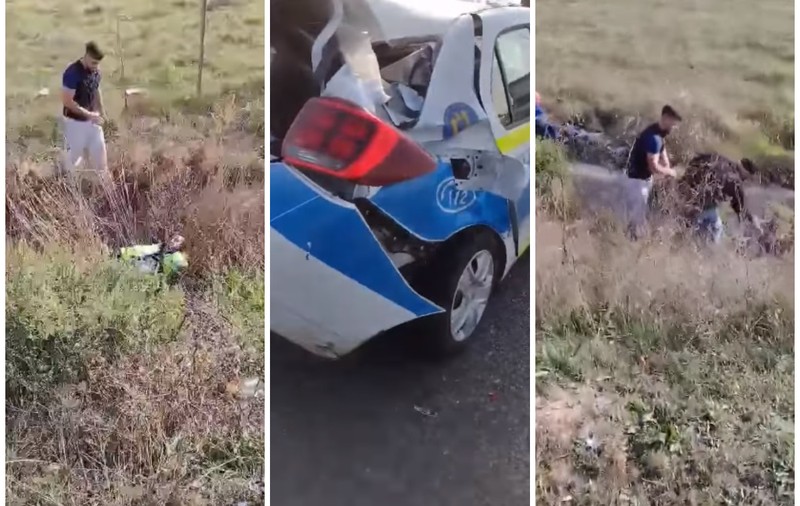 VIDEO / Polițist grav rănit pe A3, a zburat pe câmp lovit de un șofer care a intrat direct în mașina de Poliție oprită la un accident