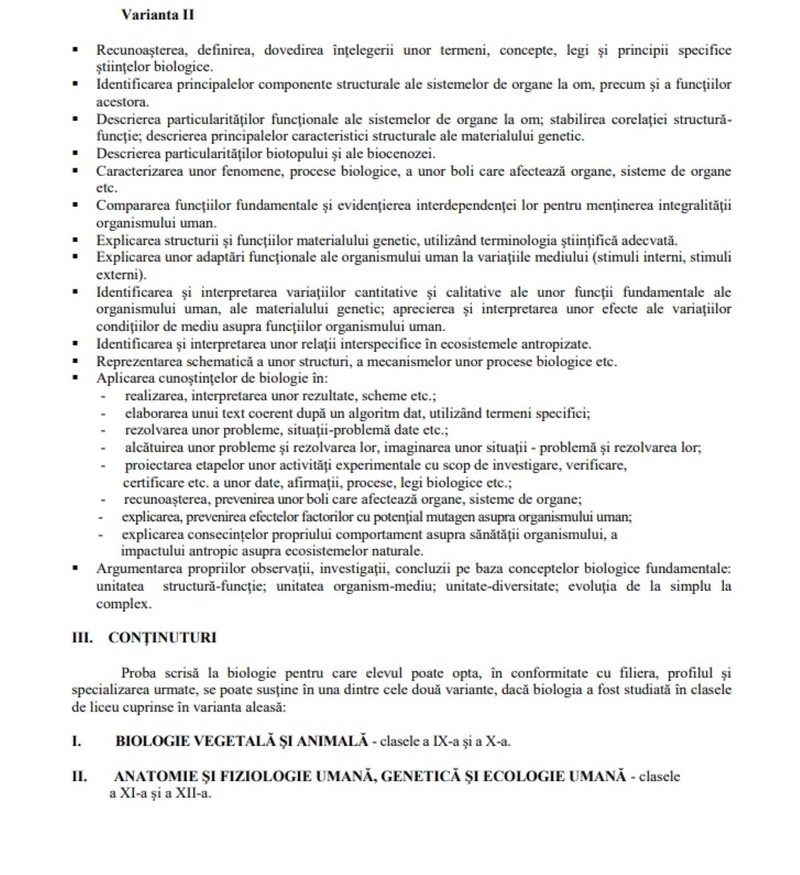 Programă Biologie și Anatomie Bac 2022