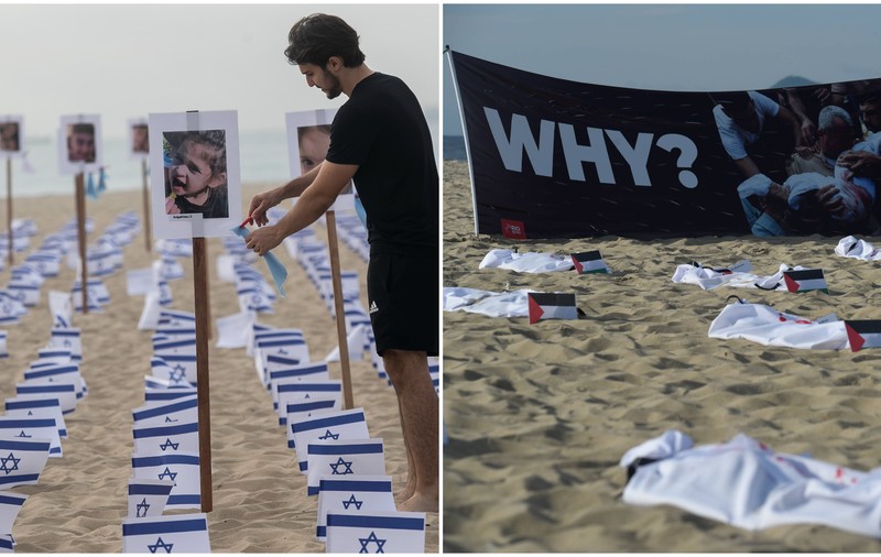 Copacabana, cea mai cunoscută plajă din Brazilia, împânzită cu 1.400 de steaguri ale Israelului, dar și cu giulgiuri în memoria copiilor uciși în Gaza | FOTO