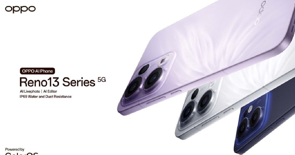 Imagine de prezentare cu noile telefoane Oppo Reno13, de culoare albastră, gri și lila.