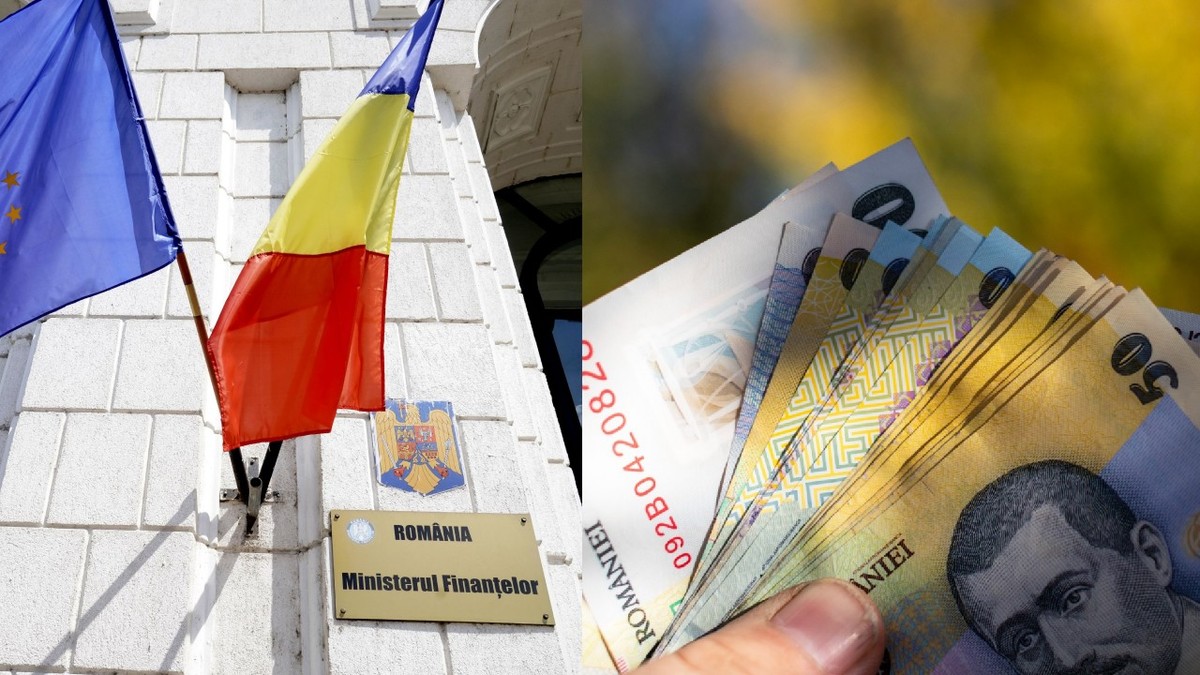 Clădirea Ministerului finantelor din România, steagul UE și al României //  bancnote lei ținute în mână