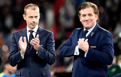 Alexsander Ceferin president of UEFA and Alejandro Dominguez president of Comenbol at the end of the Finalissima trophy 2022 football match between It