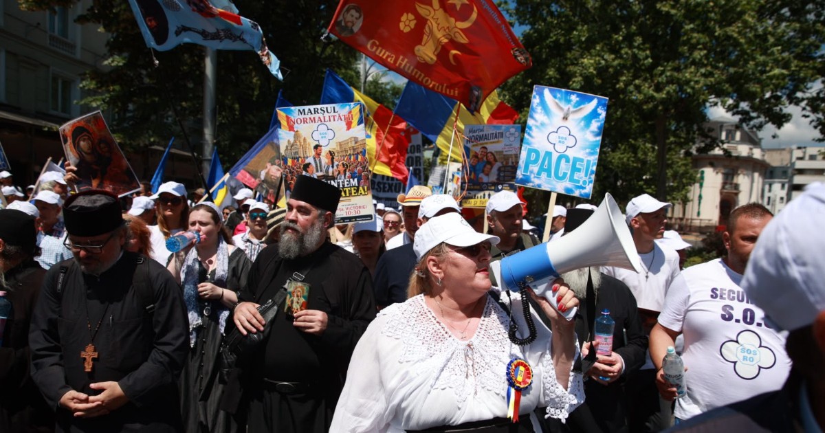 Imaginea surprinde-o pe Diana Șoșoacă participând la „Marșul Normalității” din București, înconjurată de susținători care poartă steaguri, pancarte și simboluri religioase. În timpul manifestației, participanții au transmis mesaje legate de valorile creștine, familie și pace, pe traseul dintre Piața Victoriei și Dealul Mitropoliei.