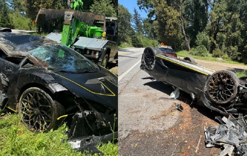 Și-a făcut praf limuzina Lamborghini de 300.000 de euro, după ce a derapat și aterizat pe plafon, în SUA: „Autostrada 9 nu este o pistă de curse”