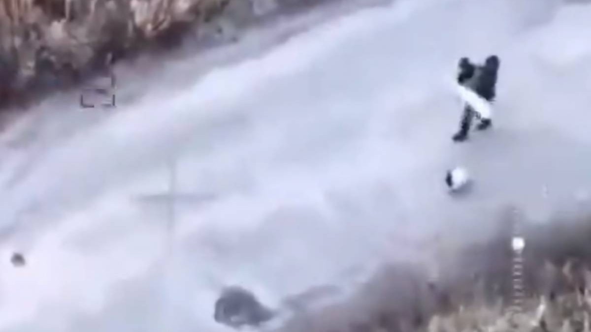 Captura video cu imaginile filmare de o drona cu o persoana care merge pe un drum, tinand un steag alb si plimba un catel alb cu negru