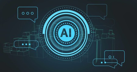 Concept de inteligență artificială cu bule de chat digitale și peisaj urban futurist. Tehnologie, IA, viitor, inovație, comunicare, oraș inteligent
