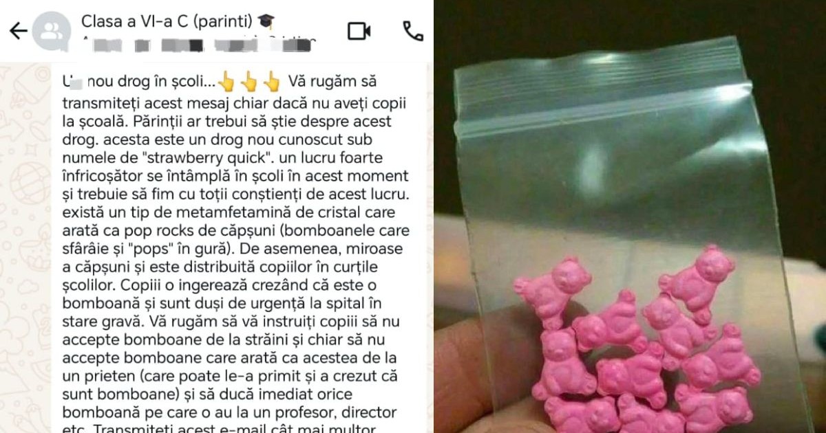 In stanga, mesajul distribuit pe whatsapp, in dreapta droguri roz, sub forma de ursuleti