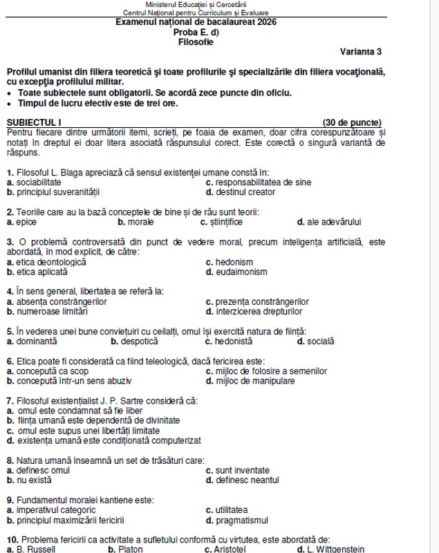 Subiecte Filosofie la Bac 2026. Baremul de corectare a fost publicat