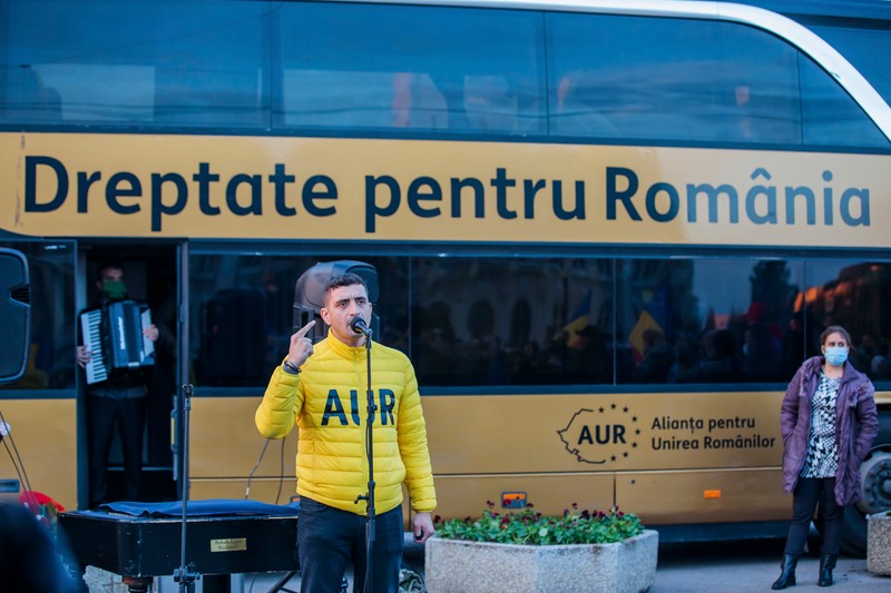 George Simion, copreședinte al Alianței pentru Unirea Românilor (AUR), la un miting organizat la Iași, pe 15 noiembrie | Foto: Inquam Photos / Liviu Chirica