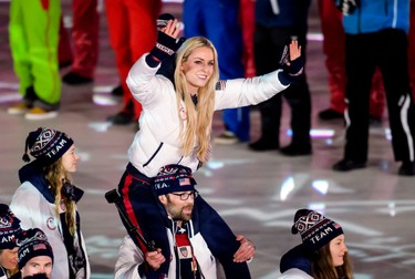 epa06564110 Ski racer Lindsey Vonn of the United States reacts during the Closing Ceremony of the PyeongChang 2018 Olympic Games, Pyeongchang county, South Korea, 25 February 2018. EPA-EFE/JEAN-CHRISTOPHE BOTT